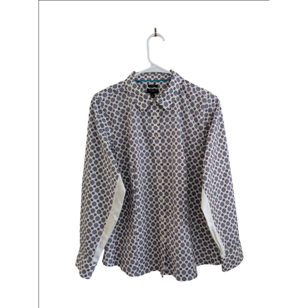 Women's Talbots Petite Button Down Shirt 12P White Purple Geometric - Picture 2 of 5
